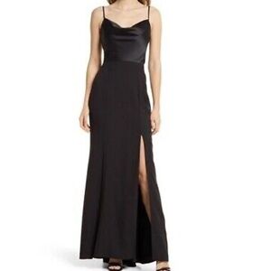 Amsale cowl neck Black Evening Gown high slit size 8